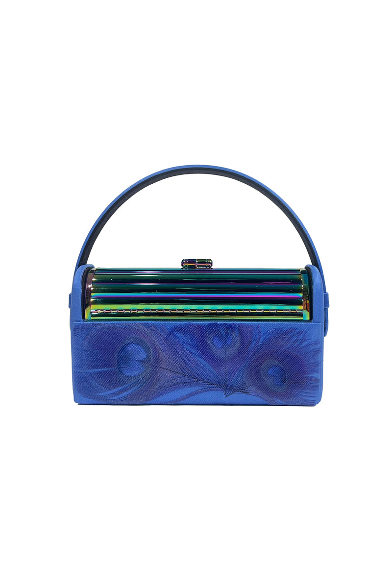 Iridescent Peacock Tubular Régine Minaudière with Hand Embellished Blue Peacock Feather Satin Case