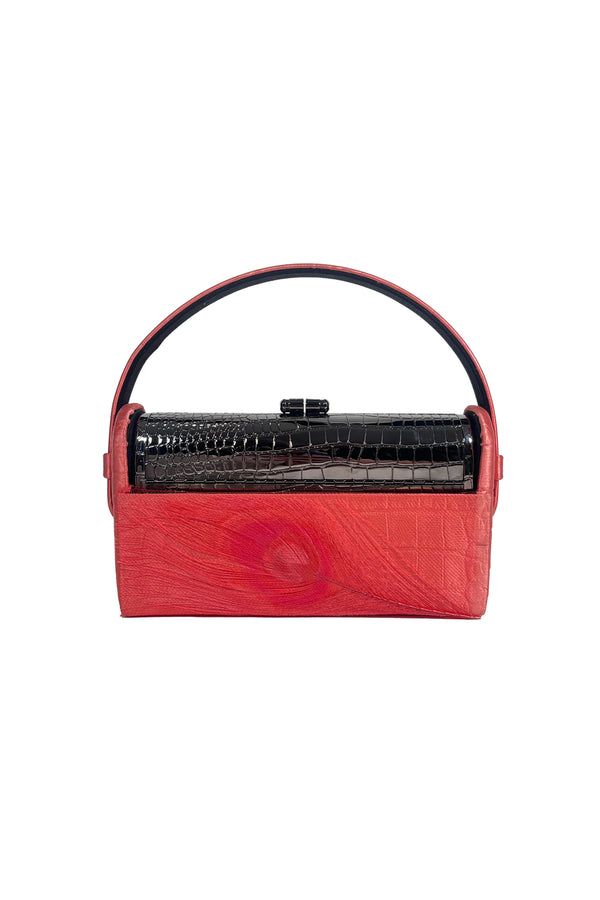 Gunmetal Tubular Régine Minaudière with Hand Embellished Coral Peacock Feather Satin Case