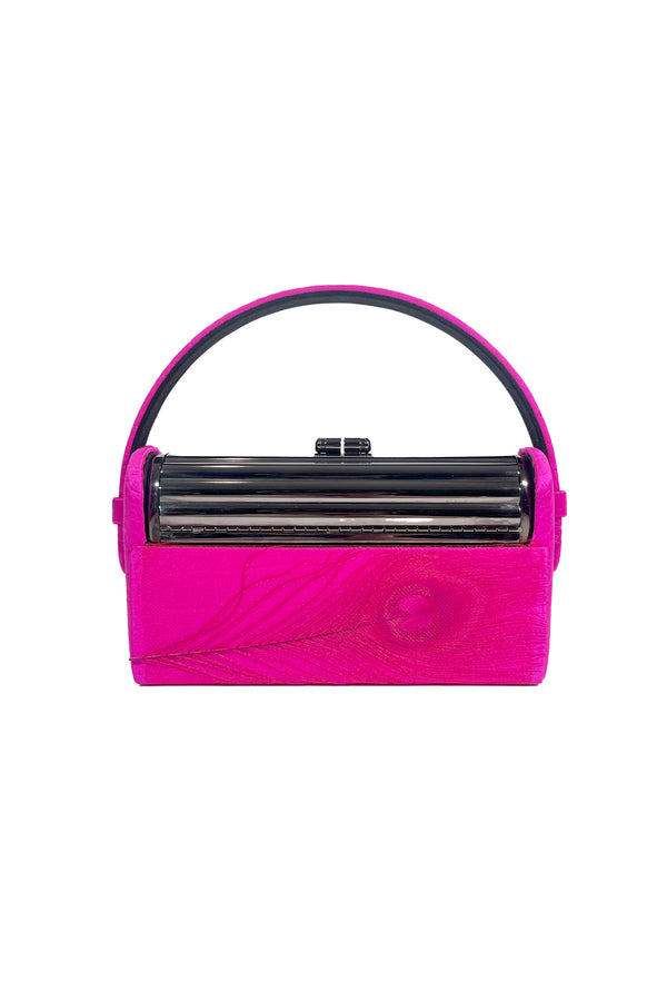 Gunmetal Tubular Régine Minaudière with Hand Embellished Fuchsia Peacock Feather Satin Case