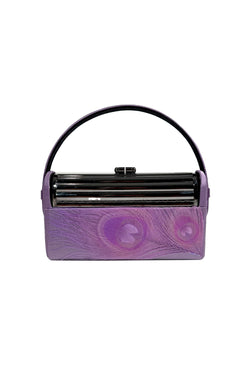 Gunmetal Tubular Régine Minaudière with Hand Embellished Lavender Peacock Feather Satin Case