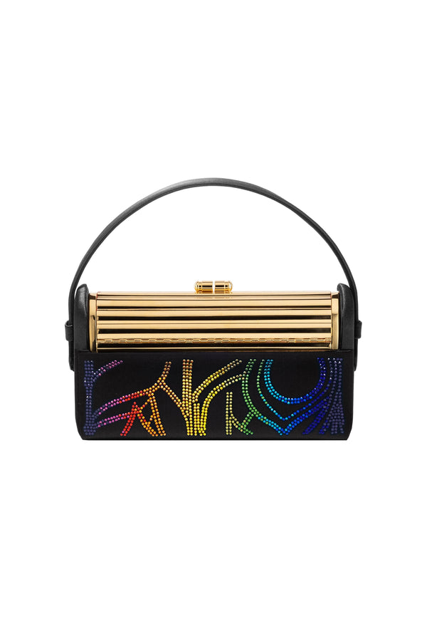 Gold Tubular Régine Minaudière with Hand Embellished Swarovski Peacock Black Satin Case