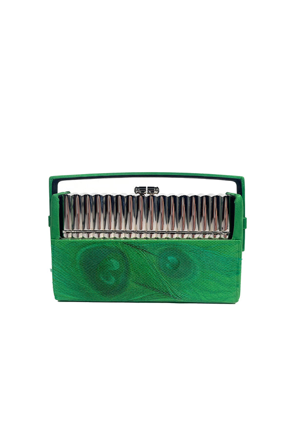 Silver Xenon Minaudière with Hand Embellished Emerald Peacock Feather Satin Case