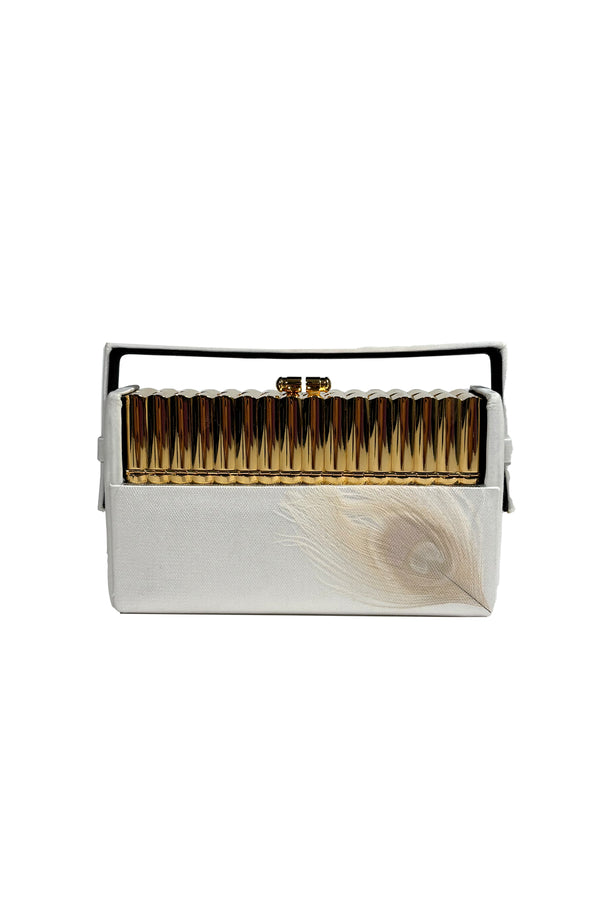 Gold Xenon Minaudière with Hand Embellished Ivory Peacock Feather Satin Case