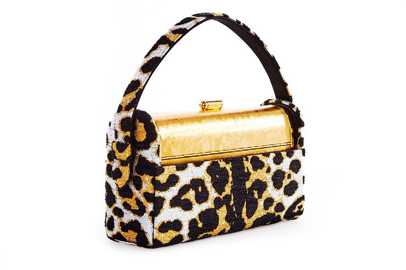 Gold Etched Régine Minaudière with Metallic Leopard Lurex Chenille Case