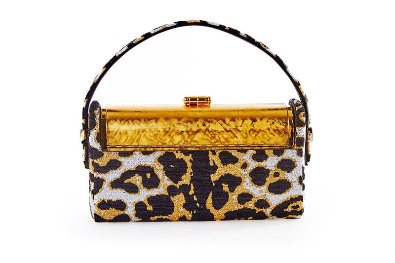 Gold Etched Régine Minaudière with Metallic Leopard Lurex Chenille Case