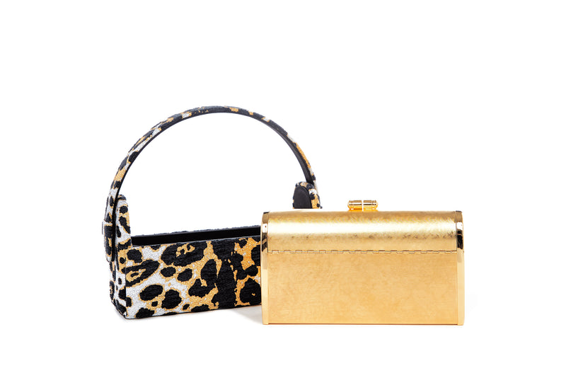 Gold Etched Régine Minaudière with Metallic Leopard Lurex Chenille Case