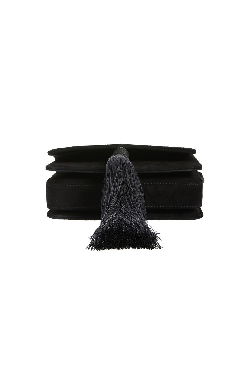 BIENEN DAVIS X AURETA Lynx Crystal Embellished Top Handle Bag in Black Suede with Tassel