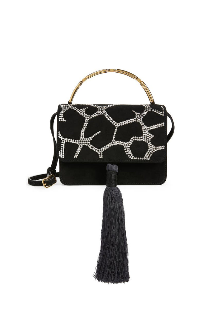 BIENEN DAVIS X AURETA Lynx Crystal Embellished Top Handle Bag in Black Suede with Tassel